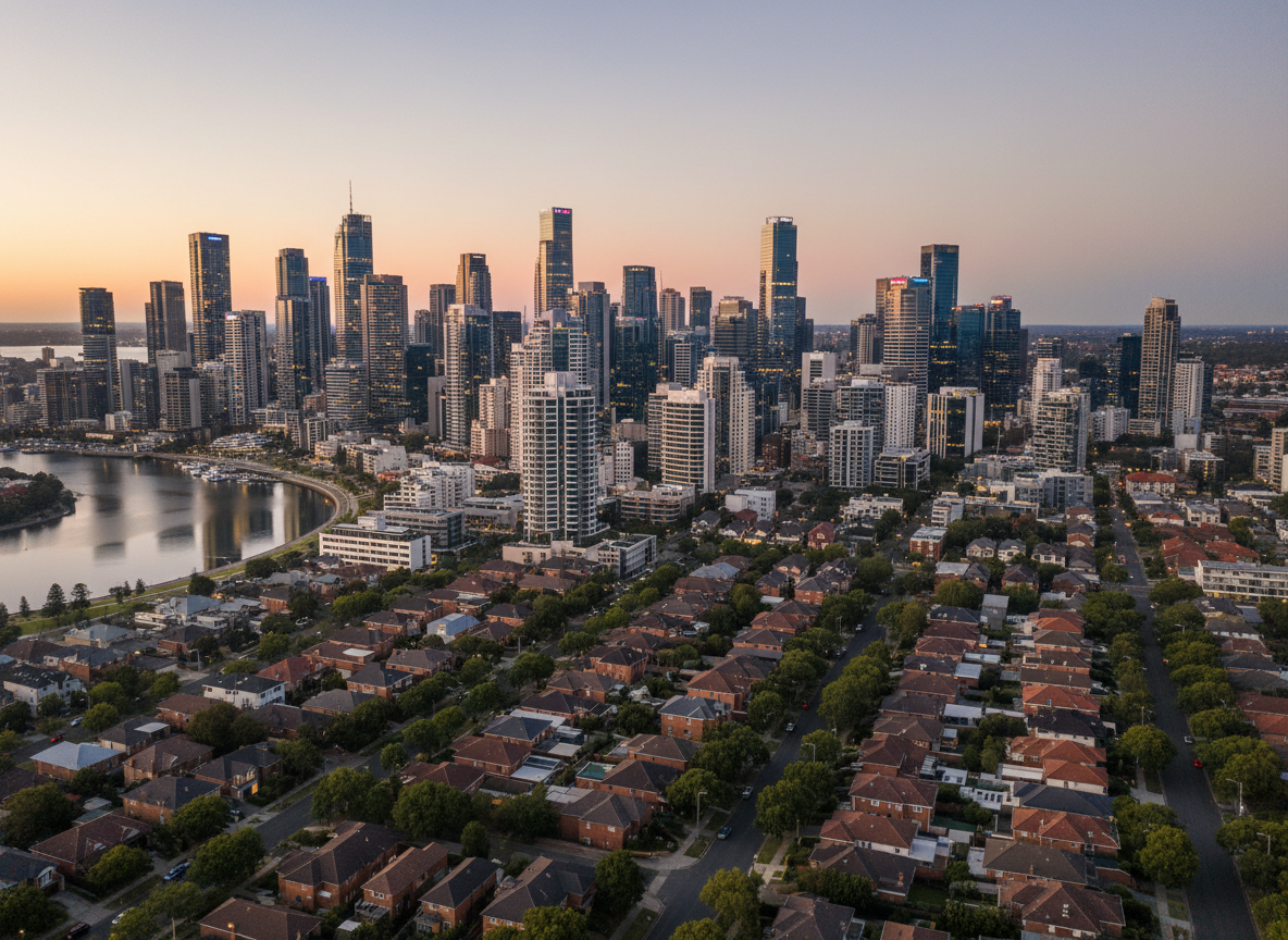 A wide, panoramic aerial view of a modern Australian coastal city skyline at dusk, with a dense cluster of glass-clad high-rise apartment towers and office buildings dominating the center. The facades reflect soft pastel hues of the setting sun, while small, illuminated windows hint at active urban life without showing people. In the foreground, neat rows of low-rise brick houses with tiled roofs line quiet tree-lined streets. The harbor curves gently along the edge, with still water mirroring the buildings. Soft, golden hour natural light casts long, gentle shadows, creating depth. Captured in photographic realism from a high, slightly angled perspective with sharp focus throughout, the mood is professional, analytical, and calm, ideal for illustrating an overview of the Australian real estate market.