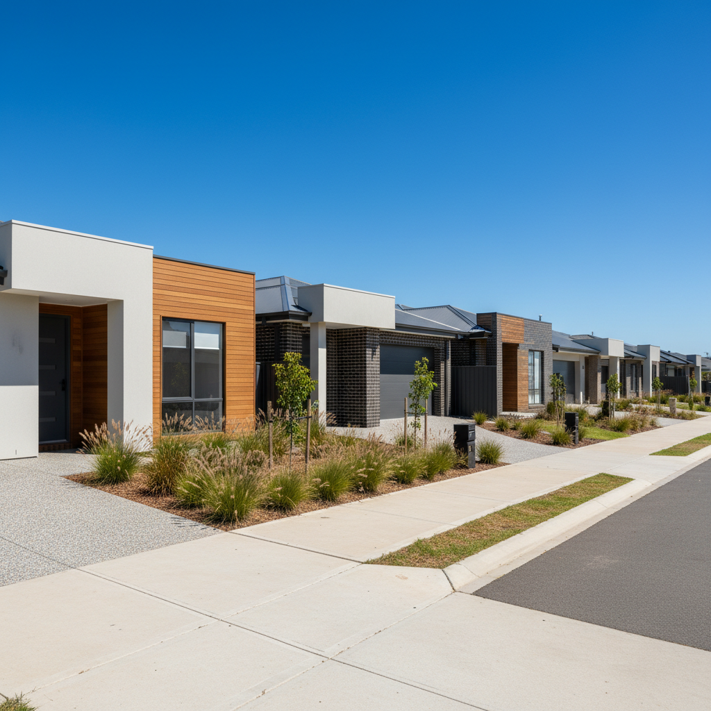 An ultra-modern Australian suburban streetscape in bright midday light, showcasing a row of newly built detached homes with varied facades: smooth white render, warm timber cladding, and dark charcoal brick. Each house features manicured native landscaping, with low-maintenance grasses and small eucalyptus trees lining a pristine concrete footpath. Driveways are empty, intentionally avoiding any vehicles or people. The sky is a clear deep blue, and the harsh Australian sun creates crisp, defined shadows along rooflines and eaves. Captured from an eye-level perspective with a slight angle down the street, the composition leads the viewer’s eye into the distance, maintaining sharp focus throughout. The photographic realism and orderly, well-kept environment convey stability, long-term investment, and a professional, informative tone about residential trends.