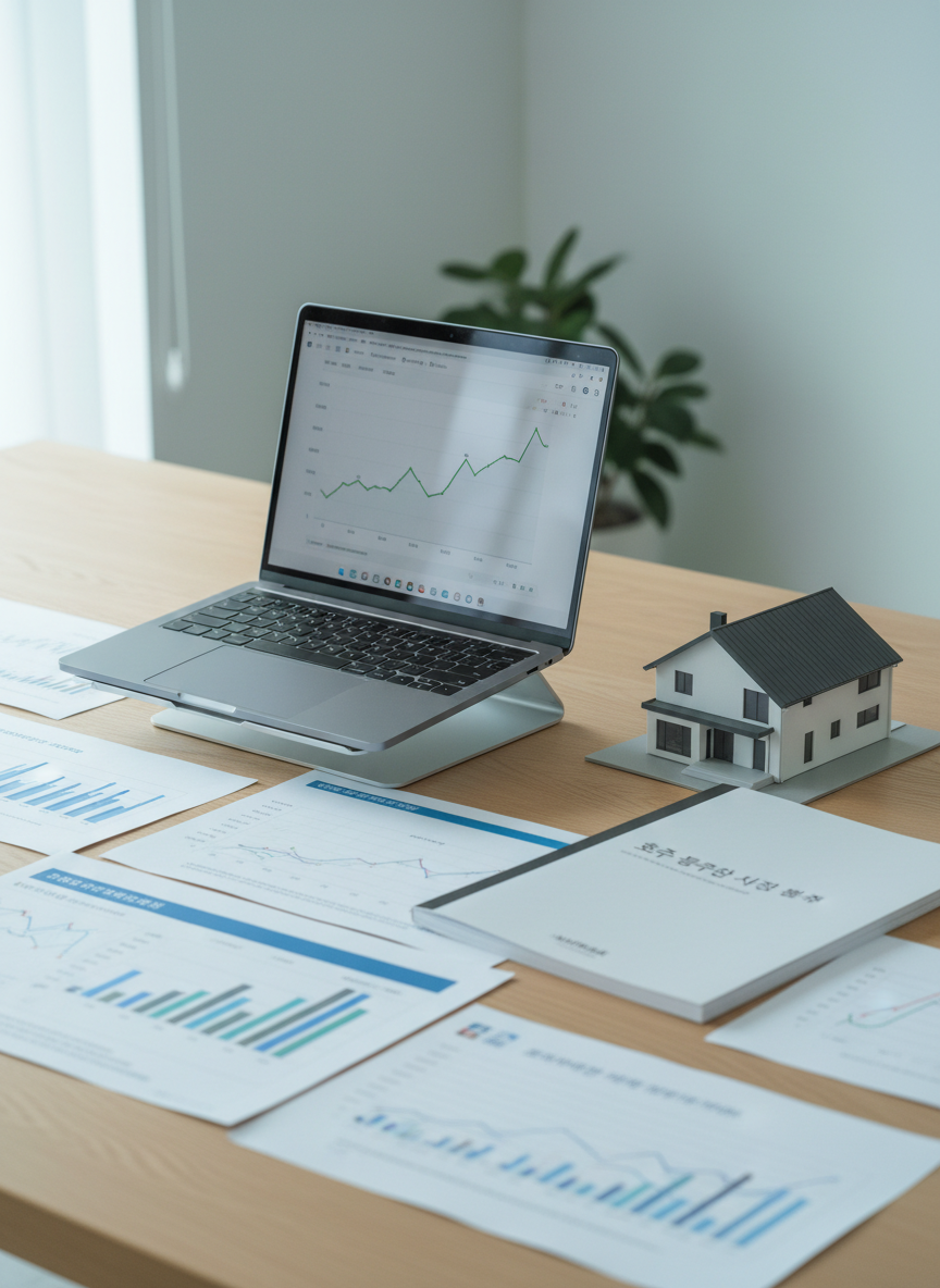 A close, eye-level view of a detailed desktop setup in a minimalist office, featuring printed Australian property market charts and graphs spread neatly across a light oak table. A slim metallic laptop displays a clean line chart of housing price trends, while beside it lies a glossy real estate report titled in Korean about the Australian property market. A small architectural model of a white, modern suburban house with a pitched roof adds texture. Cool daylight streams in from an unseen window, creating soft, diffused reflections on the laptop screen and subtle shadows under the papers. The composition follows the rule of thirds with shallow depth of field, emphasizing the documents. Photographic realism and a clean, modern aesthetic convey a professional, data-driven atmosphere suitable for market news analysis.